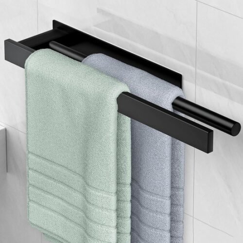 Unyqoos® Zelfklevende zwarte handdoekhouder met twee armen voor badkamer en keuken