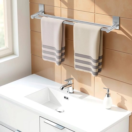 550x550-27202.jpg Unyqoos® Uittrekbare handdoekhouder zonder boren met 2 opbergvakken en 2 stangen voor badkamer en keuken