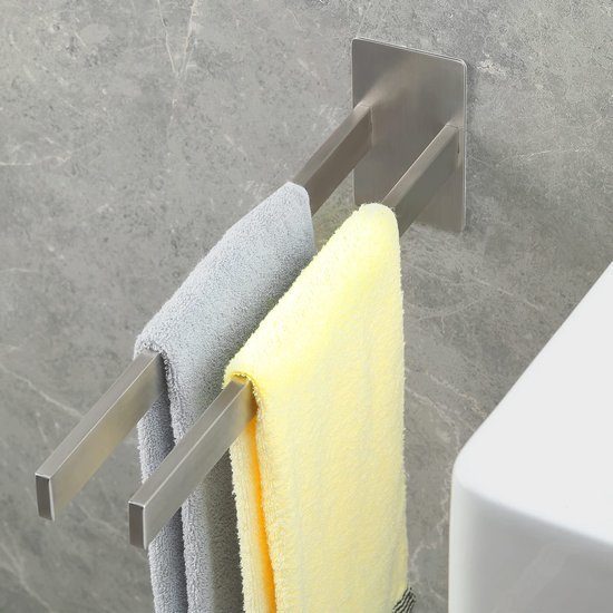 Unyqoos® Roestvrijstalen zelfklevende handdoekhouder met twee armen voor badkamer en keuken