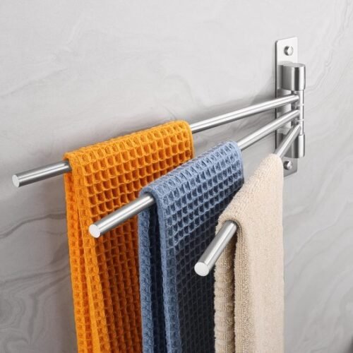 Unyqoos® Drie-armige draaibare handdoekhouder voor badkamer en keuken van roestvrij staal, wandmontage, zilverkleurig
