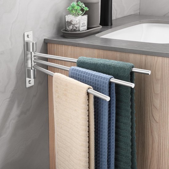 Unyqoos® Drie-armige draaibare handdoekhouder voor badkamer en keuken van roestvrij staal, wandmontage, zilverkleurig
