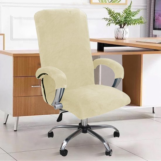 Unyqoos® Elastische fluwelen stoelhoes met armleuningen voor diverse bureaustoelen, beige, grote maat