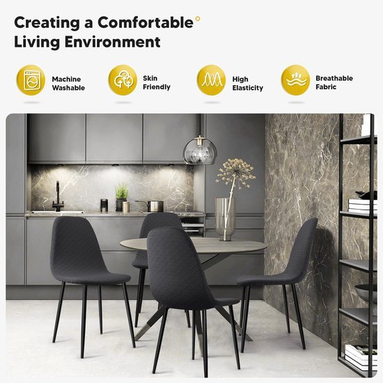 Unyqoos® Donkergrijze elastische stoelhoezen voor eetkamer en meer - set van 6
