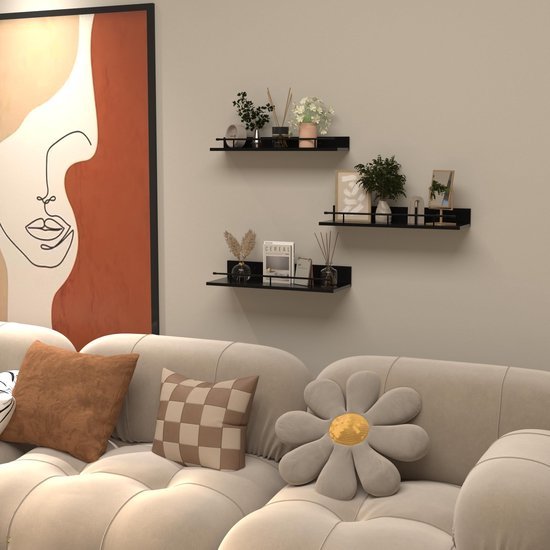 Unyqoos ® Stijlvolle Zwarte Houten Wandplankenset met Metalen Leuningen voor Diverse Kamers, 3 Verschillende Maten