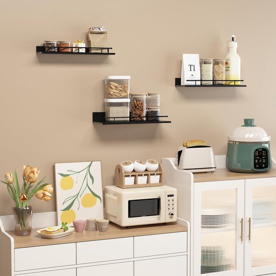 Unyqoos ® Stijlvolle Zwarte Houten Wandplankenset met Metalen Leuningen voor Diverse Kamers, 3 Verschillende Maten