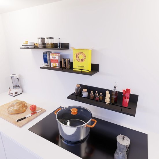 Unyqoos ® Stijlvolle Zwarte Houten Wandplankenset met Metalen Leuningen voor Diverse Kamers, 3 Verschillende Maten