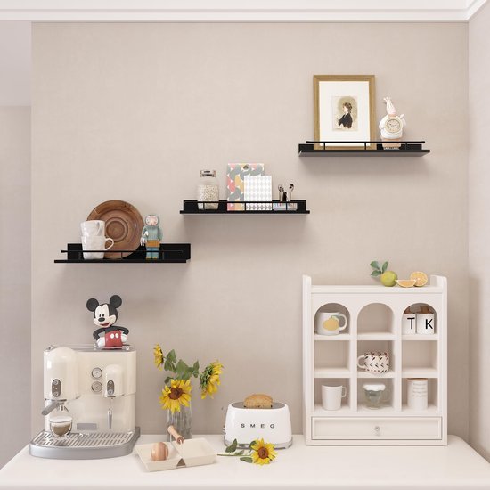 Unyqoos ® Stijlvolle Zwarte Houten Wandplankenset met Metalen Leuningen voor Diverse Kamers, 3 Verschillende Maten