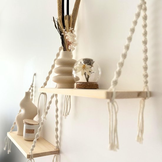 Unyqoos ® Bohemian Houten Wandplanken Set met Macramé voor Stijlvolle Interieurdecoratie