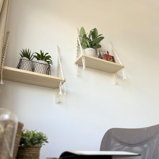 Unyqoos ® Bohemian Houten Wandplanken Set met Macramé voor Stijlvolle Interieurdecoratie