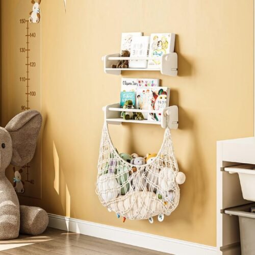 550x550-28438.jpg Unyqoos® Stijlvolle en Praktische Montessori Wandboekenkast met Opbergnet voor Kinderkamers, 3-Delige Set