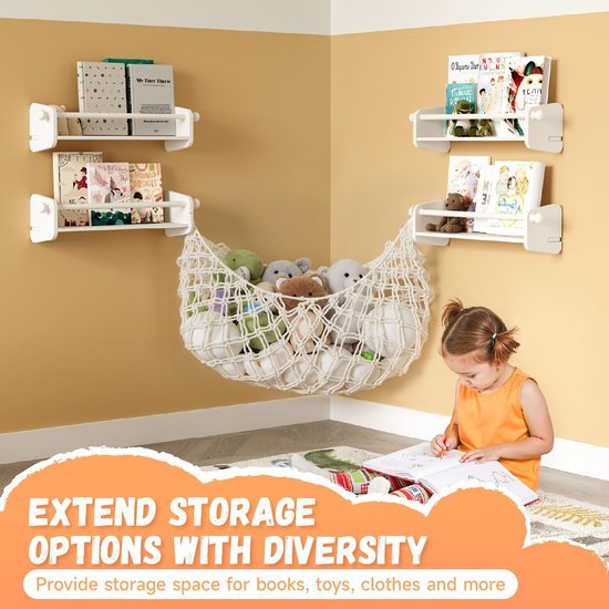 Unyqoos® Stijlvolle en Praktische Montessori Wandboekenkast met Opbergnet voor Kinderkamers, 3-Delige Set