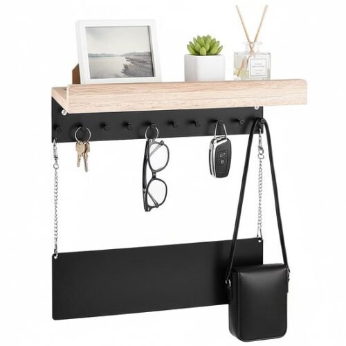 Unyqoos® Houten wandorganizer met opbergrek en 10 haken voor sleutels en meer