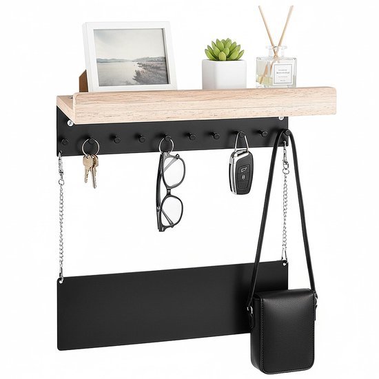 Unyqoos® Houten wandorganizer met opbergrek en 10 haken voor sleutels en meer