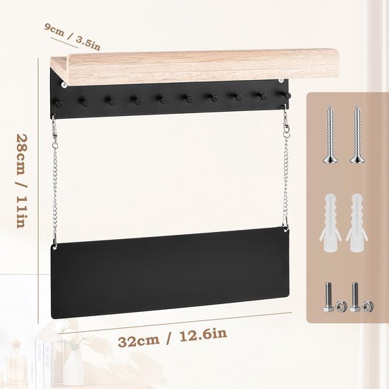 Unyqoos® Houten wandorganizer met opbergrek en 10 haken voor sleutels en meer