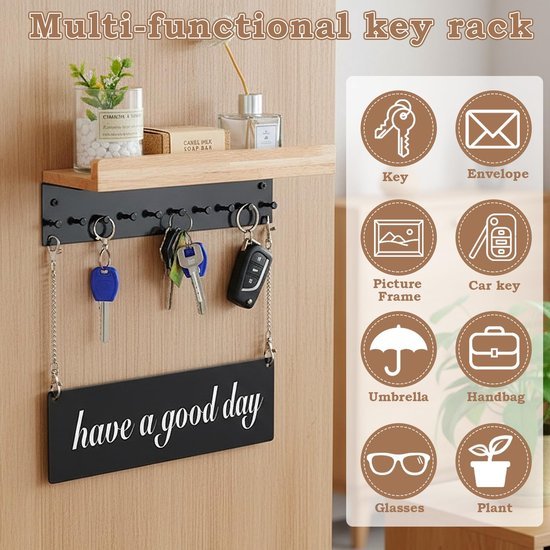 Unyqoos® Houten wandorganizer met opbergrek en 10 haken voor sleutels en meer