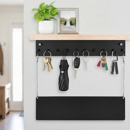 Unyqoos® Houten wandorganizer met opbergrek en 10 haken voor sleutels en meer