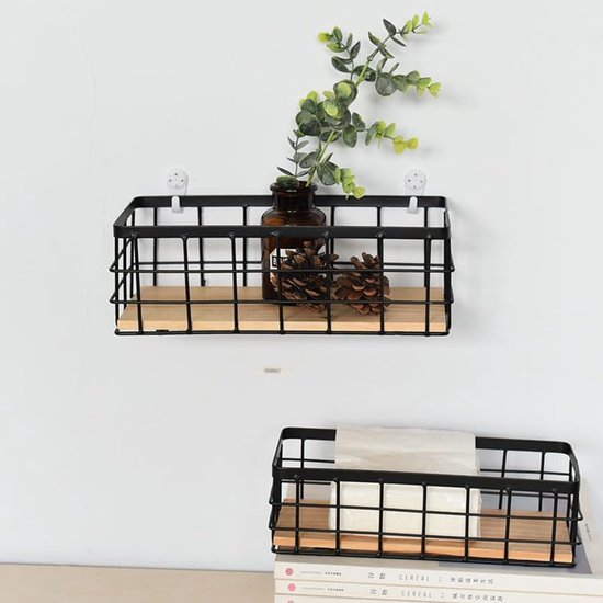 550x550-28575.jpg Unyqoos® Set van twee metalen wandmanden met houten bodem voor veelzijdige opslag
