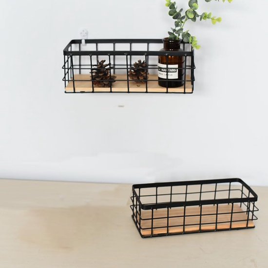 550x550-28576.jpg Unyqoos® Set van twee metalen wandmanden met houten bodem voor veelzijdige opslag