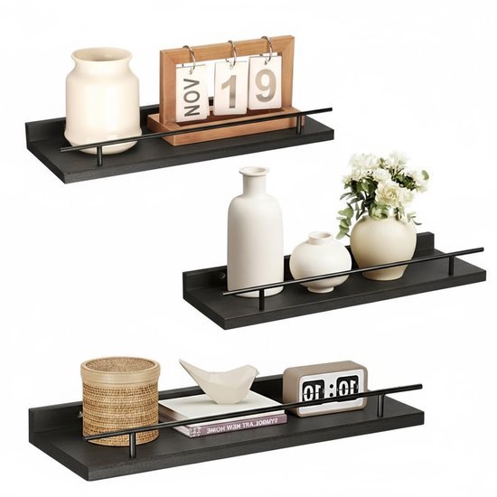 550x550-28577.jpg Unyqoos® Set van drie zwarte houten wandrekken voor diverse ruimtes en decoraties
