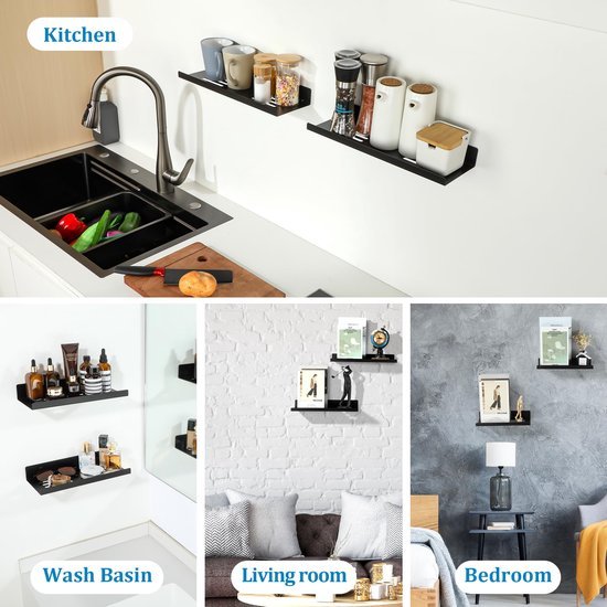 Unyqoos® Zwart Metalen Wandrek 40cm Doucherek Voor Badkamer, Keuken, Woonkamer en Slaapkamer - Set van 2