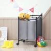 Unyqoos ® Mobiele Wasmand Met Twee Compartimenten Voor Gemakkelijk Sorteren Van Wasgoed