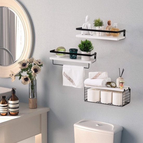 Unyqoos® Stijlvolle Wandplanken Set van 3 met Handdoekhouder en Metalen Opbergmand voor Meerdere Kamers
