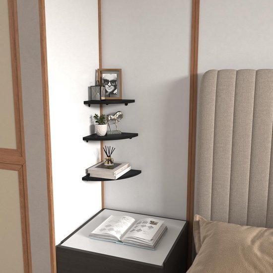 Unyqoos® Set van 6 Houten Hoekwandrekken voor Badkamer, Woonkamer, Keuken, Kinderkamer of Slaapkamer in Zwart