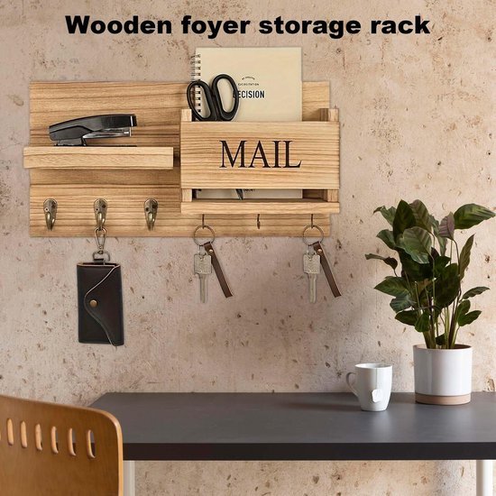 Unyqoos® Houten wandhouder met plank en 6 haken voor sleutel en accessoires