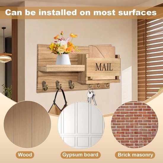 Unyqoos® Houten wandhouder met plank en 6 haken voor sleutel en accessoires