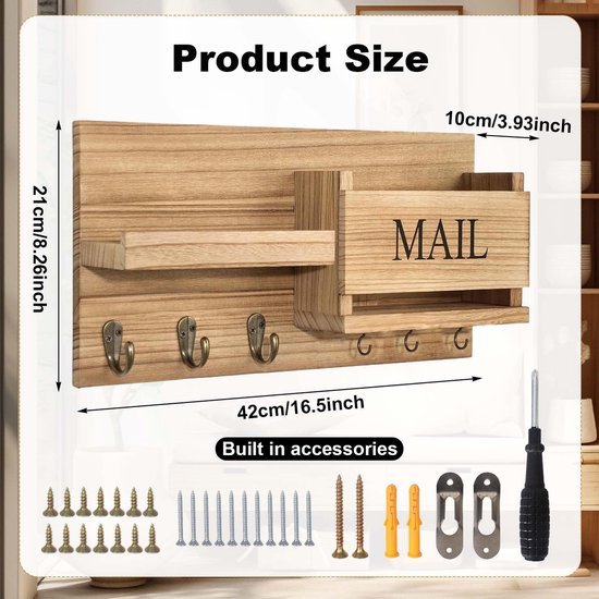 Unyqoos® Houten wandhouder met plank en 6 haken voor sleutel en accessoires