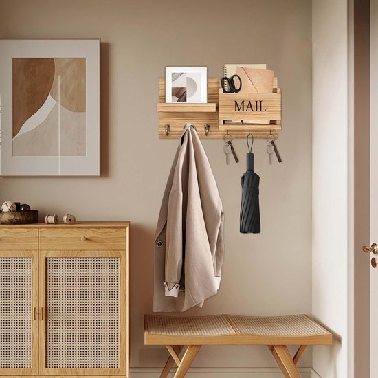 Unyqoos® Houten wandhouder met plank en 6 haken voor sleutel en accessoires