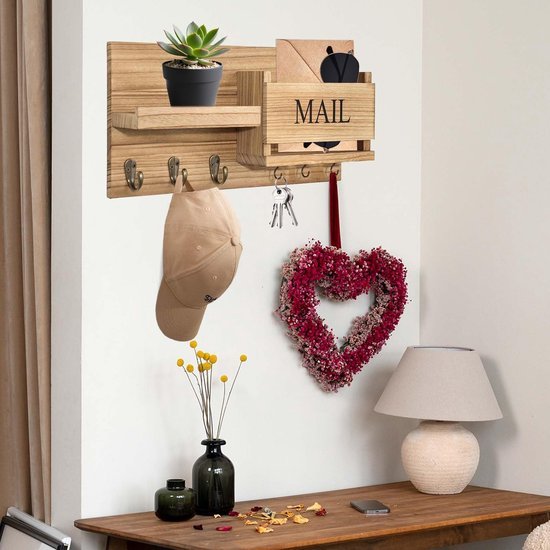 Unyqoos® Houten wandhouder met plank en 6 haken voor sleutel en accessoires