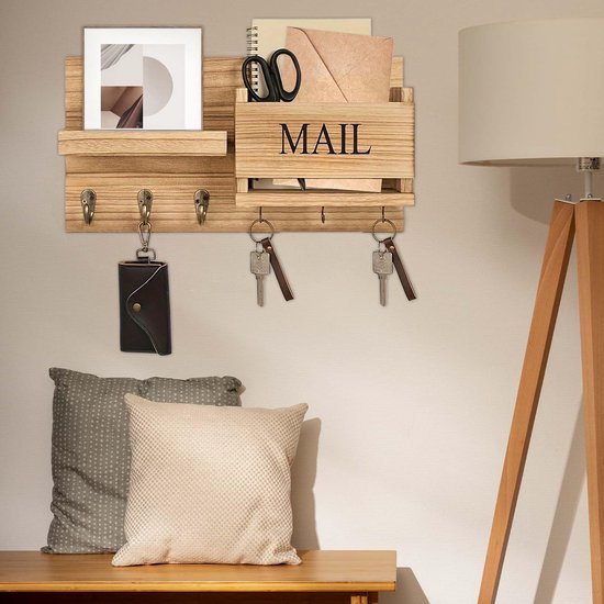 Unyqoos® Houten wandhouder met plank en 6 haken voor sleutel en accessoires