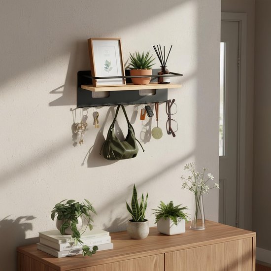 550x550-29067.jpg Unyqoos® Stijlvolle magnetische sleutelhouder met acht haken en houten plank