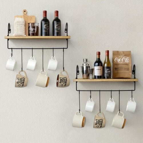 Unyqoos® Ruimtebesparend houten wandrek met handdoekhouder en haken, set van 2 voor diverse ruimtes