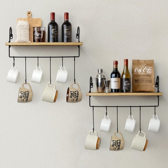 Unyqoos® Ruimtebesparend houten wandrek met handdoekhouder en haken, set van 2 voor diverse ruimtes