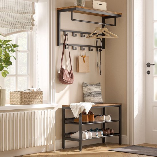 Unyqoos® Wandgemonteerde Kapstok met Plank en 10 Haken voor Diverse Ruimtes 80x30x42 cm