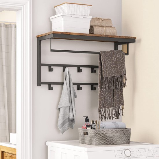 Unyqoos® Wandgemonteerde Kapstok met Plank en 10 Haken voor Diverse Ruimtes 80x30x42 cm