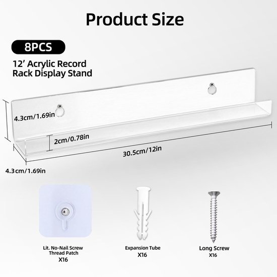 Unyqoos® Transparante acryl wandhouder set voor vinylplaten en verzamelstukken