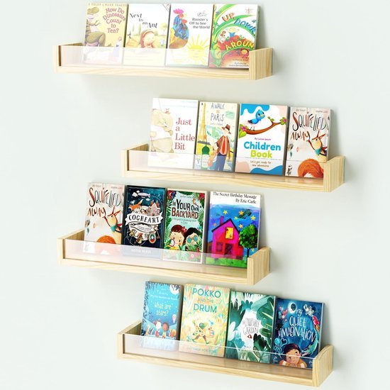 Unyqoos® Houten en acryl wandplankenset voor kinderkamer met veilige boekopslag