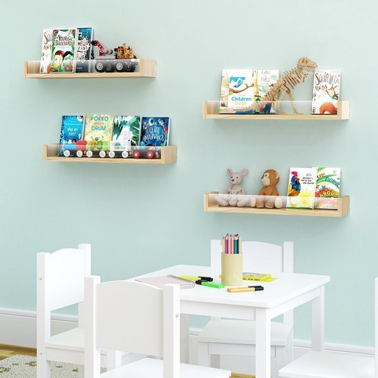 Unyqoos® Houten en acryl wandplankenset voor kinderkamer met veilige boekopslag