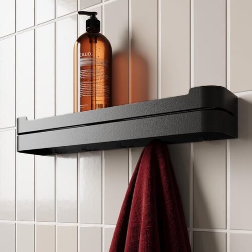 Unyqoos® Zwart metalen wandrek met plank voor badkamer en keuken opbergruimte