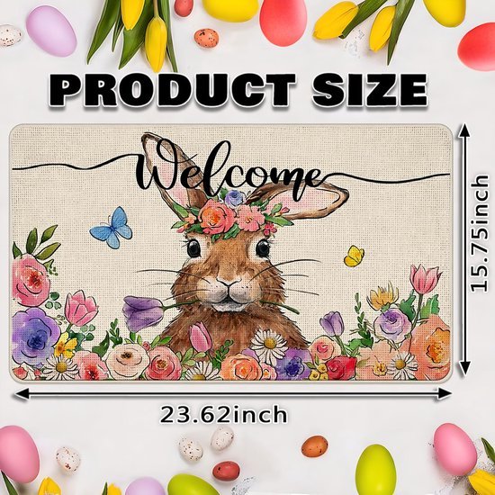 Unyqoos ® Charmante Pasen Deurmat met Konijnen en Bloemenpatroon, Perfect voor Binnen en Buiten Decoratie