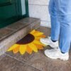 Unyqoos® Handbeschilderde Kokosvezel Deurmat met Zonnebloemontwerp en Antislip Onderkant voor Buiten