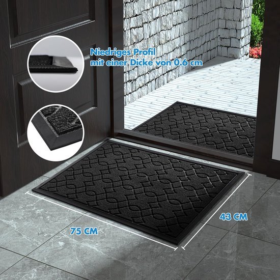 Unyqoos® Wasbare zwarte deurmat voor buiten met antislip en weerbestendige eigenschappen, zwart, 75*43 cm