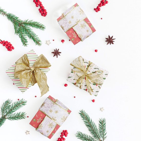 Unyqoos ® Feestelijke Decoratielintenset voor Kerst - 6 Rollen Goudkleurige Chiffon en Organza Linten