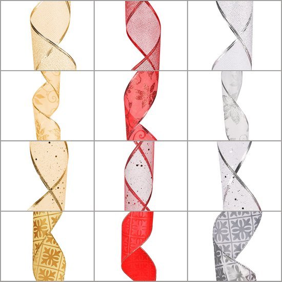 Unyqoos ® Feestelijke Decoratieve Strikkenband Set voor Kerst en Geschenken - 12 Stuks in Rood, Zilver en Goud