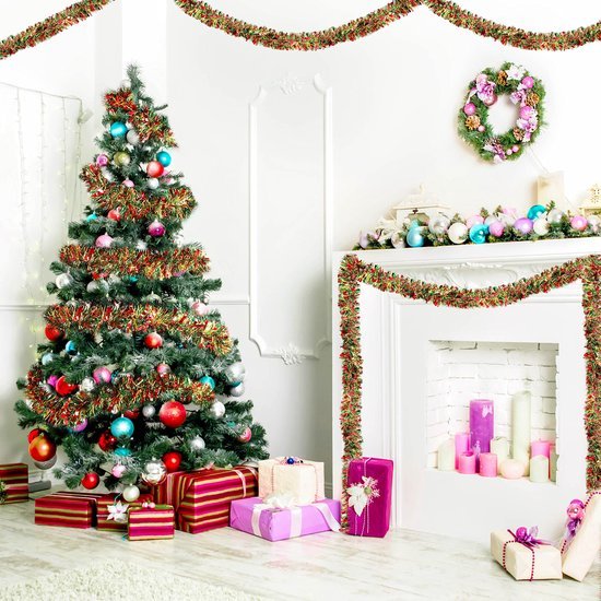 Unyqoos ® Kleurrijke Kerstslinger van 10 Meter voor Binnen- en Buitenversiering met Glitters en Lametta