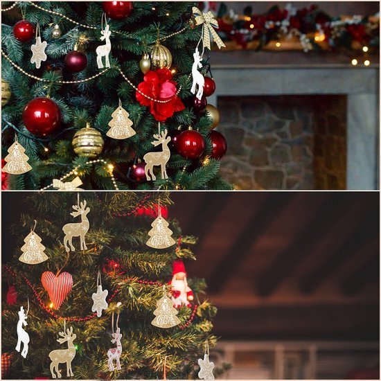 Unyqoos ® Set van 24 Luxe Houten Kerstboomdecoraties in Diverse Vormgeving voor Feestelijke Sfeer