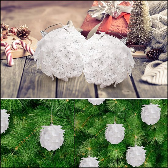Unyqoos ® Kerstboomversiering dennenappels (4 stuks) - glitterdennenappels - kerstdecoratie zilver met draad - kerstboomversiering wit - kerstboomversiering, wit